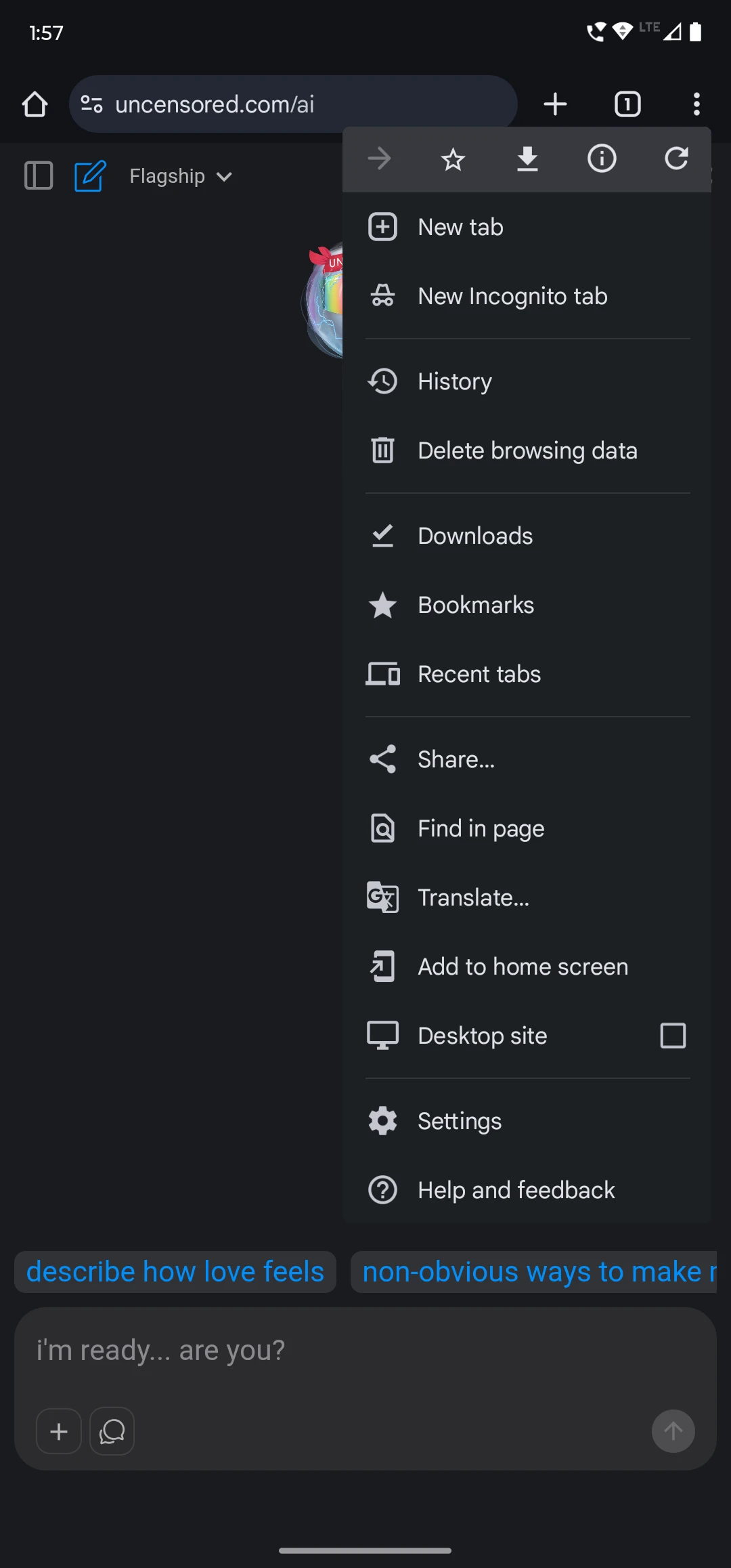 Chrome overflow menu open with Add to Home screen
