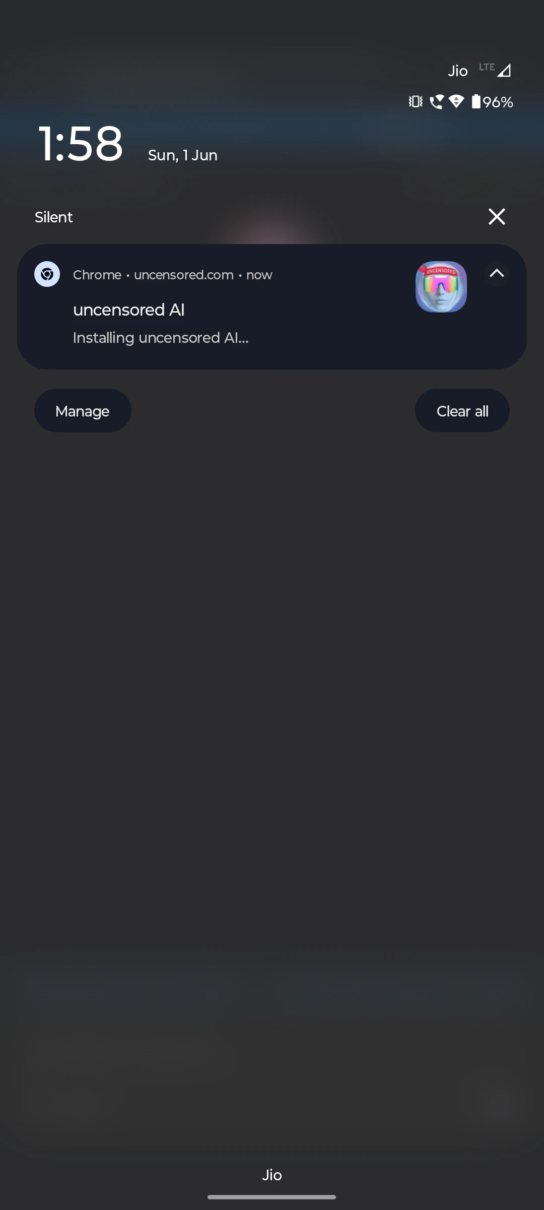 Android notification showing 'Installing Uncensored AI…'