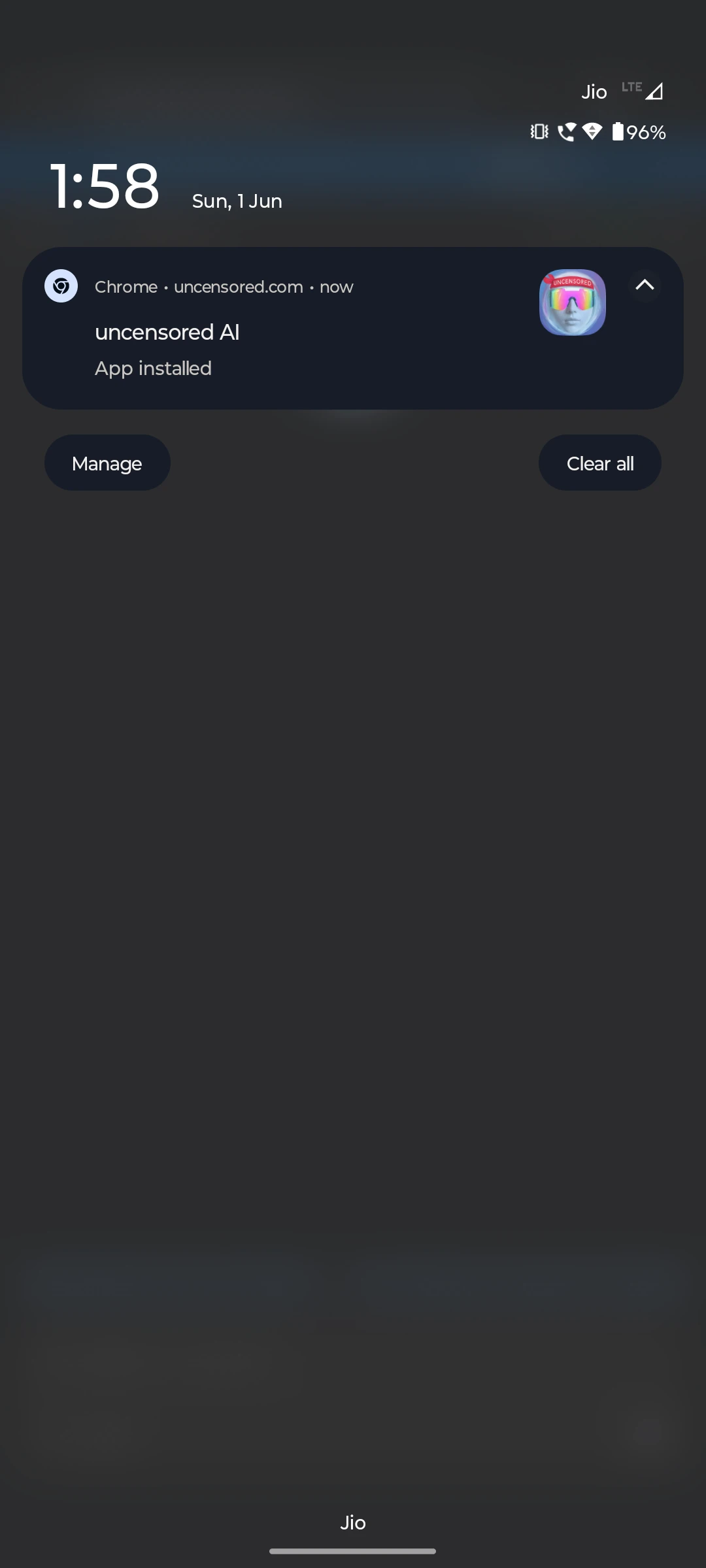 Android notification reading 'Uncensored AI – App installed'